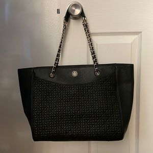 Black Tory Burch tote & zipper wallet with gold hardware details